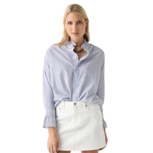 Alex Mill Top Womens XS Blue White Striped Easy Ruffle Frill Neck Cotton Career - Picture 10 of 11